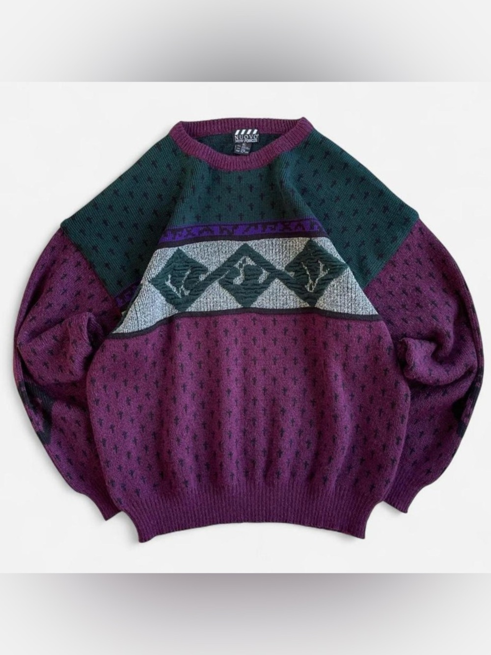 Vintage Nuovo New Forces Retro 80s 90s Acrylic Wool Golf Sweater Maroon Green